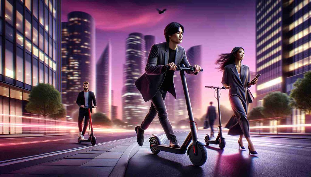 A high-definition, realistic image illustrating the growing trend of electric scooters in urban transportation. Depict a cityscape at dusk, with broad pavements under a magenta sky. A South Asian woman in her 20s is confidently riding a sleek, black electric scooter, while a Caucasian man in his 30s trails behind on a flame red scooter. Slight motion blur on the wheels and handles signify movement. Well-dressed, diverse pedestrians are going about their way along the pavement, their faces subtly illuminated by the warm glow of the streetlights.