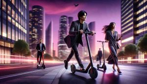 A high-definition, realistic image illustrating the growing trend of electric scooters in urban transportation. Depict a cityscape at dusk, with broad pavements under a magenta sky. A South Asian woman in her 20s is confidently riding a sleek, black electric scooter, while a Caucasian man in his 30s trails behind on a flame red scooter. Slight motion blur on the wheels and handles signify movement. Well-dressed, diverse pedestrians are going about their way along the pavement, their faces subtly illuminated by the warm glow of the streetlights.