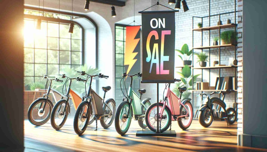 Generate a high-definition, photorealistic image showcasing a sale of electric bikes. The setting should feel welcoming and exciting, emphasizing the joy and freedom that comes with riding these modern, eco-friendly means of transportation. The bikes should be of different styles and colors to cater to diverse tastes, placed in a well-lit environment that highlights the aesthetics and features of the electric bikes. Banner showing 'On Sale' should be present with vibrant colors to attract buyers.