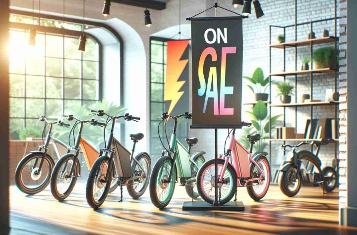 Generate a high-definition, photorealistic image showcasing a sale of electric bikes. The setting should feel welcoming and exciting, emphasizing the joy and freedom that comes with riding these modern, eco-friendly means of transportation. The bikes should be of different styles and colors to cater to diverse tastes, placed in a well-lit environment that highlights the aesthetics and features of the electric bikes. Banner showing 'On Sale' should be present with vibrant colors to attract buyers.