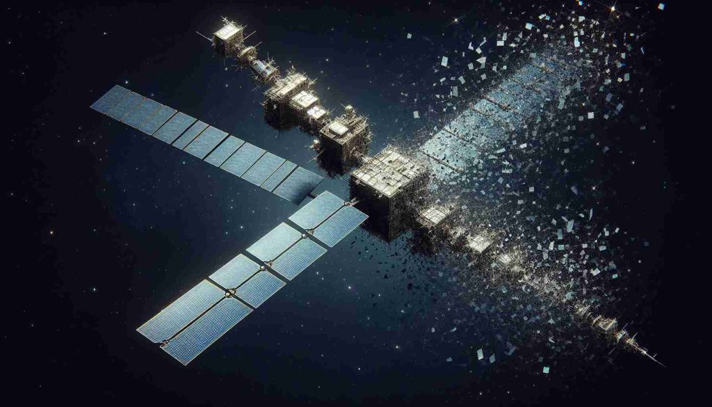 Detailed depiction of an astonishing sight in the night sky: a commercial satellite network, similar in appearance to SpaceX's Starlink, breaking apart in high resolution. The night sky is filled with countless stars and the segmented parts of the satellite are illuminated by the sun, making them visible against the dark canvas of the universe.