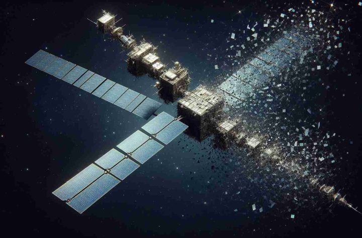 Detailed depiction of an astonishing sight in the night sky: a commercial satellite network, similar in appearance to SpaceX's Starlink, breaking apart in high resolution. The night sky is filled with countless stars and the segmented parts of the satellite are illuminated by the sun, making them visible against the dark canvas of the universe.