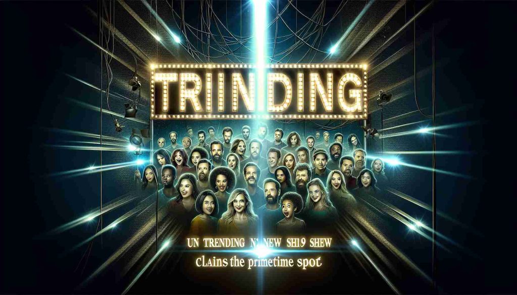 An ultra high-definition image of the poster for a trending, new TV show that has recently claimed the primetime slot. The poster features the diverse cast illuminated under the glow of a spotlight, all with excited expressions. The name of the show stands out magnificently in bright, bold letters at the top, and the tagline teases the show's thrilling plotline. The background features a complex network of lights and cables, symbolizing the set of the show.