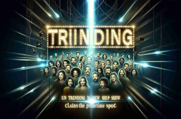 An ultra high-definition image of the poster for a trending, new TV show that has recently claimed the primetime slot. The poster features the diverse cast illuminated under the glow of a spotlight, all with excited expressions. The name of the show stands out magnificently in bright, bold letters at the top, and the tagline teases the show's thrilling plotline. The background features a complex network of lights and cables, symbolizing the set of the show.