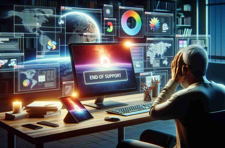 Visualize a realistic high-definition scene depicting the end of support for a widely-used computer operating system. A computer screen with an informational pop-up message that reads, 'End of Support' can be the focal point. Other elements in the image could include a stressed user looking at other options on a secondary device, like a tablet or a laptop, displaying a series of other operating system logos. The setting can be a typical modern work environment.