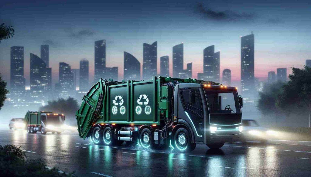 A high-definition, realistic image that illustrates the concept of sustainable innovation in the context of waste collection. The scene displays electrically-powered garbage trucks which are cutting edge with their sleek, modern design and showcasing green technology. Their bodies are adorned with icons establishing them as eco-friendly. The background, in contrast, is a cityscape gently touched by twilight, with tall buildings silhouetted against a dusky sky, subtly indicating the strides of progress in this sector.