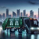 A high-definition, realistic image that illustrates the concept of sustainable innovation in the context of waste collection. The scene displays electrically-powered garbage trucks which are cutting edge with their sleek, modern design and showcasing green technology. Their bodies are adorned with icons establishing them as eco-friendly. The background, in contrast, is a cityscape gently touched by twilight, with tall buildings silhouetted against a dusky sky, subtly indicating the strides of progress in this sector.