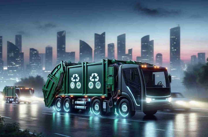 A high-definition, realistic image that illustrates the concept of sustainable innovation in the context of waste collection. The scene displays electrically-powered garbage trucks which are cutting edge with their sleek, modern design and showcasing green technology. Their bodies are adorned with icons establishing them as eco-friendly. The background, in contrast, is a cityscape gently touched by twilight, with tall buildings silhouetted against a dusky sky, subtly indicating the strides of progress in this sector.