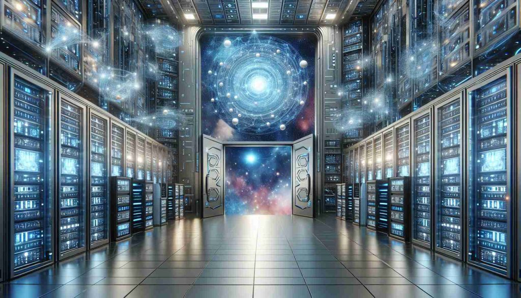 An ultra-high definition image that depicts the cutting-edge world of telecommunications innovation. It could feature a futuristic high-tech lab filled with advanced quantum technologies, holographic displays showing complex algorithms, and servers humming with data flow. The lab could have doors opening to a universe beyond, filled with shimmering constellations and distant galaxies, metaphorically showing the limitless potential of quantum technology. The environment should feel clean, modern, and full of high-energy, with a cool palette of blues and silvers, and beaming luminescent lights.