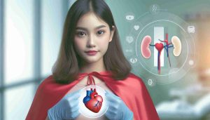 Generate a high-definition photo realistically depicting a young Asian female hero, symbolizing an organ donor, who has made the selfless act of saving lives. She is holding an emblem with a heart and kidney showing, signifying the organs she has donated. Her eyes are full of hope and determination. The background could show a hospital or medical symbols subtly hinting at the context.