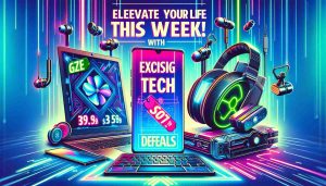 Generate a high-definition image representing amazing technology offers for this week. This could include a number of different gadgets displayed prominently, maybe a latest smartphone on the left, a gaming laptop in the middle and wireless earbuds on the right, each with a bright neon tag indicating a discounted price. The background might be an abstract tech themed design in cool colors to add to the excitement. The top half of the image should have bold, attention-grabbing text that says 'Elevate Your Life This Week with these Exciting Tech Deals!' in an appealing font.