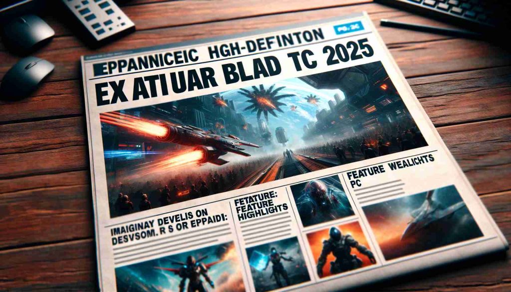 Create a realistic high-definition image of a fictitious headline announcing the expansion of the video game 'Stellar Blade' to PC in 2025. Include imaginary visuals related to the game, such as an action-packed scene, feature highlights or characters. Do not reference any specific developer, studio or owner in the image.