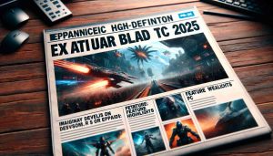 Create a realistic high-definition image of a fictitious headline announcing the expansion of the video game 'Stellar Blade' to PC in 2025. Include imaginary visuals related to the game, such as an action-packed scene, feature highlights or characters. Do not reference any specific developer, studio or owner in the image.