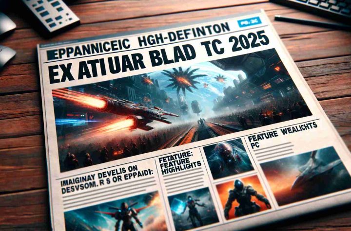 Create a realistic high-definition image of a fictitious headline announcing the expansion of the video game 'Stellar Blade' to PC in 2025. Include imaginary visuals related to the game, such as an action-packed scene, feature highlights or characters. Do not reference any specific developer, studio or owner in the image.