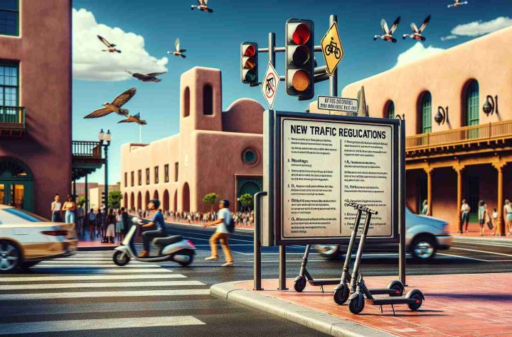 Produce a realistic HD image illustrating new traffic regulations for electric scooters in Albuquerque. Display these new rules on an informational signboard, placed in a busy urban setting with pedestrians and traffic. Ensure that the regulations are clearly visible, possibly in the form of concise bullet points. To further illustrate the concept, include a couple of electric scooters parked nearby. Ensure the traditional Southwestern architectural features of Albuquerque buildings are evident in the background.