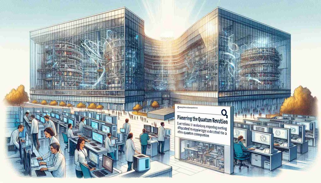 An illustration capturing the spirit of innovation proposing a detailed view of a state-of-the-art technology facility dedicated to explorations in quantum computing. The signboard at the entrance displays 'Pioneering the Quantum Revolution'. Tall glass buildings, cutting-edge laboratories, dedicated researchers from varying descents and genders fervently engaged in their work. Advanced processors and quantum computers are visible, showcasing the focus of the institution. The atmosphere is infused with a sense of discovery and progression. The image feels like a futuristic vision of technology and science.