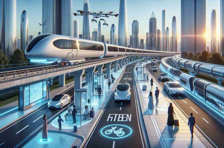 A high-definition, realistic image representing the future of urban transportation. The scene should depict a clean and modern cityscape with various forms of advanced transportation methods. These may include aerial drones capable of carrying people, smart electric cars on multi-layered roads, and high-speed hyperloop trains in clear tubes. Pedestrian areas should feature interactive digital signage and self-draining, luminescent road surfaces. To represent diversity, a few figures enjoying the facilities should be present - a Middle-Eastern female flying a personal drone, a Caucasian male driving an autonomous car, and an Asian female waiting at the hyperloop station.