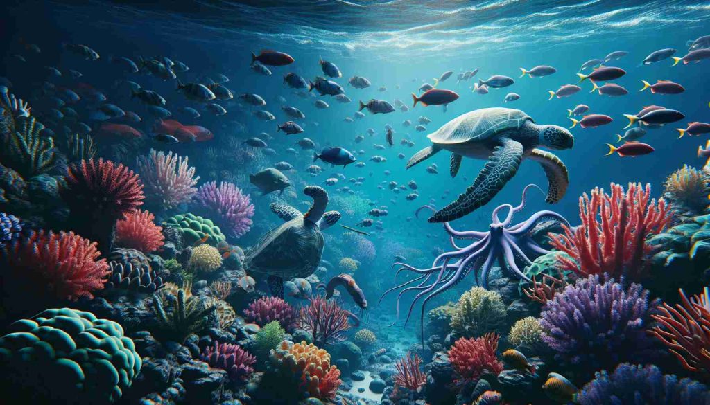 Create a high-definition, realistic image that showcases the richness and diversity of marine life under the ocean's surface. The scene should feature colorful coral reefs with a variety of fish species in various shapes and sizes. Include creatures such as sea turtles, an octopus, and a stingray in the surrounding water, exploring the wonders of their habitat. In the distance, let there be a school of fish swimming together in unison. Ensure that the lighting depicts the depth of the water, with a gradient of darkness as it gets deeper.