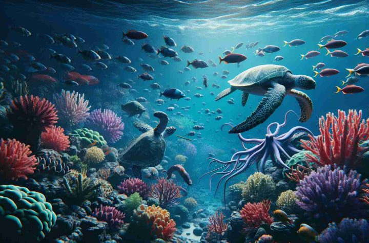 Create a high-definition, realistic image that showcases the richness and diversity of marine life under the ocean's surface. The scene should feature colorful coral reefs with a variety of fish species in various shapes and sizes. Include creatures such as sea turtles, an octopus, and a stingray in the surrounding water, exploring the wonders of their habitat. In the distance, let there be a school of fish swimming together in unison. Ensure that the lighting depicts the depth of the water, with a gradient of darkness as it gets deeper.