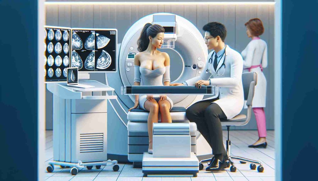 High-definition realistic image depicting a scene of revolutionizing breast cancer detection. This should be an informative model demonstrating the latest technology used for detection. It may showcase a woman of Hispanic descent undergoing a mammogram with a new, high-tech machine. There can also be an East Asian male radiologist examining the results on screens. Please give the image a feel of a modern, bright medical facility.