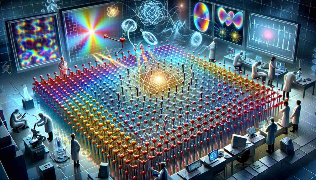 High-definition, realistic illustration of the concept 'Revolutionizing Quantum Sensing with Solid-State Defects'. Show the process of quantum sensing with close-ups of solid-state defects. Include a spectrum of quantum states visualized as colorful diverse patterns, atoms organized in a lattice structure, electromagnetic waves, several quantum sensors, and some detailed silhouettes of scientists examining this phenomenon. Set everything against a neutral scientific laboratory background. Note that this photo does not include human faces, but scientists could be represented by their protective lab clothing and equipment.