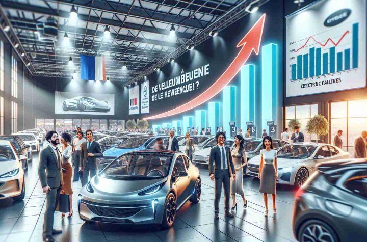 An HD realistic image of a surge in Electric Car sales in France. The scene unfolds in a bustling French automobile showroom full of people. Banners are displayed, announcing government initiatives that boost the adoption of electric vehicles. An assortment of sleek electric cars fill the showroom floor, their glossy finish gleams under the showroom lights. Prospective buyers, including a Middle-Eastern man and a South Asian woman, beam with excitement as they explore these environmentally friendly alternatives. A sales chart on a digital display shows a strong upward trend symbolizing the soaring sales.