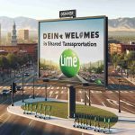 A high-definition, realistic image of a large welcoming banner or sign in an urban setting, perhaps in a city square or public park. The sign reads 'Denver Welcomes Lime as New Partner in Shared Transportation'. Beyond the sign, the cityscape of Denver unfolds with various buildings, parks, and roads. Some Lime scooters and bicycles should be placed near the banner, as an indication of the shared transportation mentioned. In the background, the famous Mountain range of Denver subtly peaks out.