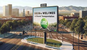 A high-definition, realistic image of a large welcoming banner or sign in an urban setting, perhaps in a city square or public park. The sign reads 'Denver Welcomes Lime as New Partner in Shared Transportation'. Beyond the sign, the cityscape of Denver unfolds with various buildings, parks, and roads. Some Lime scooters and bicycles should be placed near the banner, as an indication of the shared transportation mentioned. In the background, the famous Mountain range of Denver subtly peaks out.