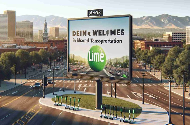 A high-definition, realistic image of a large welcoming banner or sign in an urban setting, perhaps in a city square or public park. The sign reads 'Denver Welcomes Lime as New Partner in Shared Transportation'. Beyond the sign, the cityscape of Denver unfolds with various buildings, parks, and roads. Some Lime scooters and bicycles should be placed near the banner, as an indication of the shared transportation mentioned. In the background, the famous Mountain range of Denver subtly peaks out.