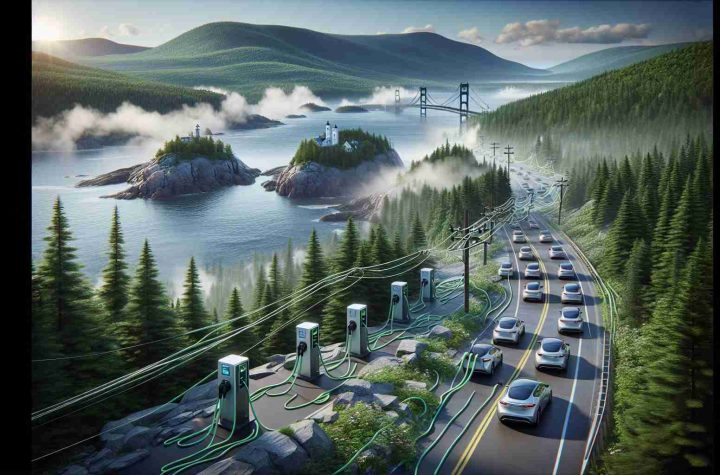 High-definition, realistic visualization depicting the challenges faced in achieving the goal of electrical vehicle proliferation in Maine by 2030. This might include imagery of current infrastructure, possible need for expanded charging stations, difficulty in changing public perception about electric vehicles, and contrasting it with the state's natural landscapes and its commitment to environmental sustainability.