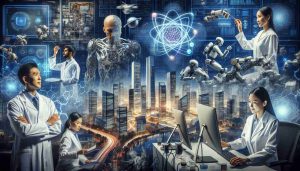 Generate a high-definition, realistic image that depicts the exploration of future technology. This could include quantum computers, highly advanced robotics, nanotechnology, or AI systems. The image should feature a cutting-edge laboratory or a futuristic city skyline filled with smart buildings and automated vehicles. Also, showcase a diverse range of people interacting with this technology, such as an East Asian female scientist working on a complex quantum computing model, a Middle-Eastern male engineer operating a robotic arm, or a Black female architect designing a smart building.