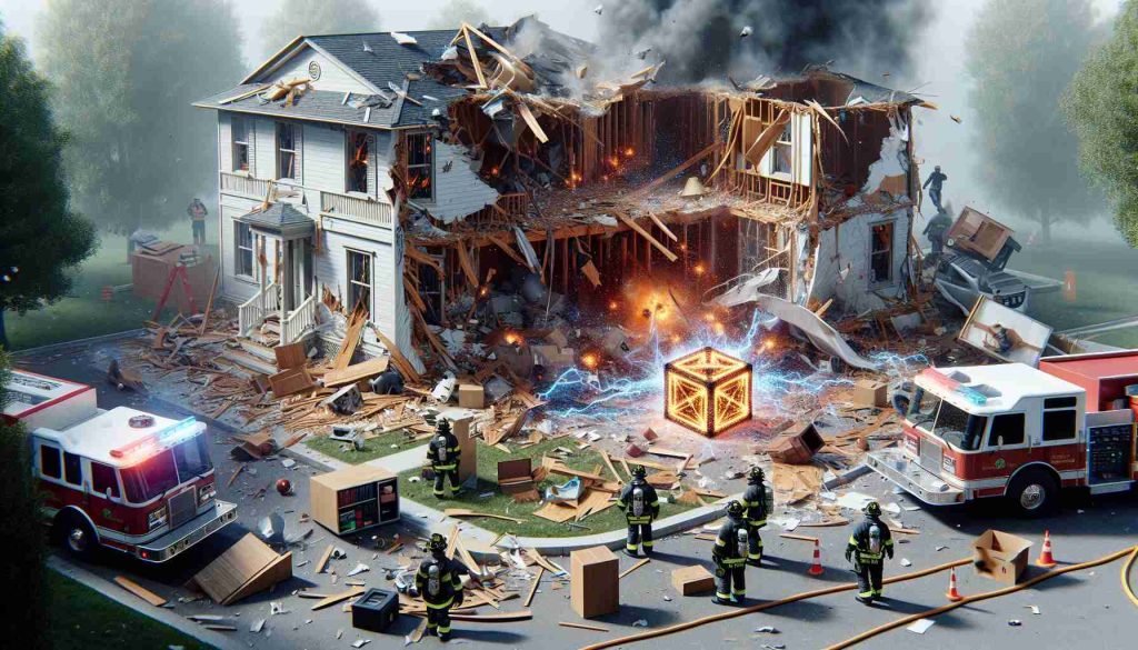 Visual depiction in high resolution of a fictional scenario where a Quantum Fiber Box malfunctions. The malfunction lead to a catastrophic event resulting in a house being left in ruins. Debris scattered everywhere, with torn up pieces of furniture, crumbled walls, and remnants of home appliances scattered around the ruin site. Firefighters and officials are at the scene, trying to contain the situation. Note the Quantum Fiber Box should be in the center of the image, damaged, sparking, and embodying the causative agent of the catastrophe.