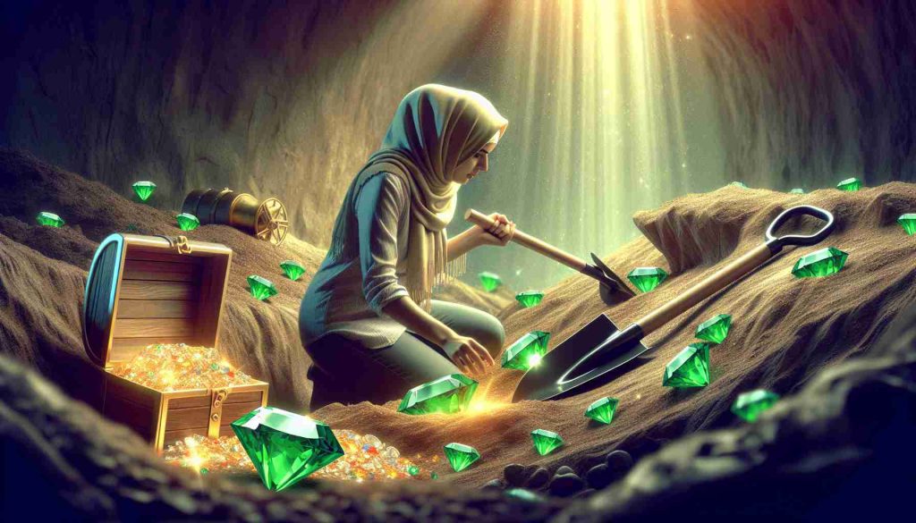 Generate an ultra-high-definition image that symbolically represents the concept of 'Discovering Hidden Gems: Uncovering Promising Investment Opportunities'. This concept could be portrayed by a scene involving a person digging and finding bright emeralds or diamonds in the ground, indicating potential lucrative investments. The scene could have a treasure chest filled with gems and gold to capture the essence of financial growth and prosperity. The person should be Middle-Eastern female wearing casual attire, focused on her work, and surrounded by tools typically used in treasure hunting, such as a shovel and a metal detector.