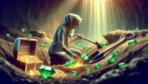 Generate an ultra-high-definition image that symbolically represents the concept of 'Discovering Hidden Gems: Uncovering Promising Investment Opportunities'. This concept could be portrayed by a scene involving a person digging and finding bright emeralds or diamonds in the ground, indicating potential lucrative investments. The scene could have a treasure chest filled with gems and gold to capture the essence of financial growth and prosperity. The person should be Middle-Eastern female wearing casual attire, focused on her work, and surrounded by tools typically used in treasure hunting, such as a shovel and a metal detector.