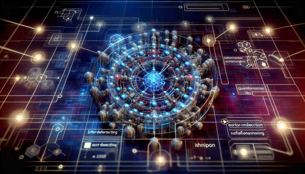 An vivid and detailed illustration in high-definition of advancements in quantum error correction technology. It may show complex quantum systems, highlighting interconnected qubits, their interferences and error-correcting actions. Visual cues for error detecting and notifying methods could be included, possibly with an innovative, futuristic setting to underscore the advancing nature of the technology.