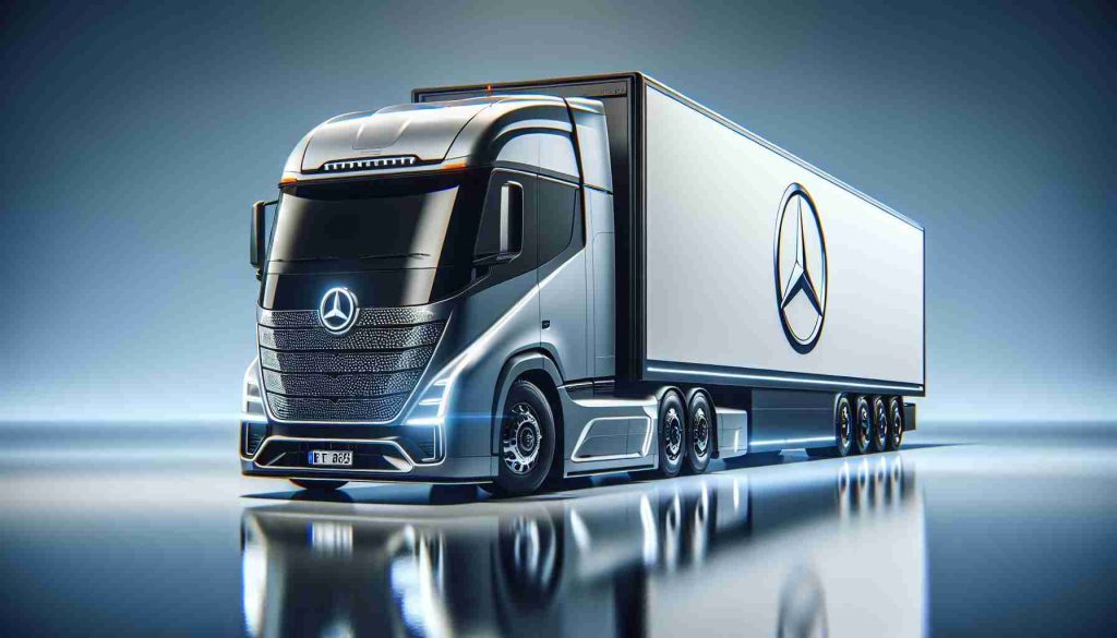 Realistic high-definition photo of a cutting-edge sustainable transportation achievement: showcasing a long-distance electric semi-truck, emblematic of a famous German auto brand renowned for their star logo. The truck is sleek and modern, exemplifying the future of eco-friendly haulage.