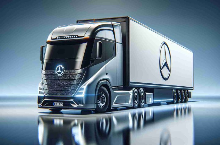 Realistic high-definition photo of a cutting-edge sustainable transportation achievement: showcasing a long-distance electric semi-truck, emblematic of a famous German auto brand renowned for their star logo. The truck is sleek and modern, exemplifying the future of eco-friendly haulage.