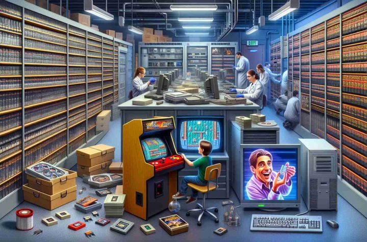 A high-definition, realistic image featuring a scene that represents efforts to preserve classic video games. This could include technicians delicately handling vintage cartridges, an archival environment with climate-controlled rooms, shelves filled with neatly organized and labeled game boxes, and computers with software tools specific for video game preservation and restoration. Besides these elements, an additional part of the image could demonstrate the benefits of these efforts - perhaps a child with wide eyes and a joyous smile, experiencing an old-school game on a revamped but authentic arcade machine, instilling the appreciation for classic games in a new generation.