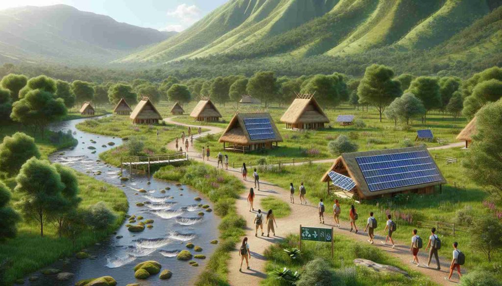 High-definition, realistic image of a countryside exploration scene, signifying a new era of sustainable tourism. The image may include a lush green landscape with a winding dirt path, thatched-roof cottages nestled amongst tall trees, a river babbling through the valley, solar panel-equipped facilities, and tourists enjoying a guided nature walk. The tourists could be of different descents, like Caucasian, Hispanic, South Asian, Middle Eastern, and Black, with a balanced mix of male and female. Emphasis on eco-friendly practices, such as recycling bins and signs promoting conservation could be visible to further the theme of sustainable tourism.