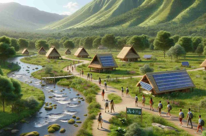 High-definition, realistic image of a countryside exploration scene, signifying a new era of sustainable tourism. The image may include a lush green landscape with a winding dirt path, thatched-roof cottages nestled amongst tall trees, a river babbling through the valley, solar panel-equipped facilities, and tourists enjoying a guided nature walk. The tourists could be of different descents, like Caucasian, Hispanic, South Asian, Middle Eastern, and Black, with a balanced mix of male and female. Emphasis on eco-friendly practices, such as recycling bins and signs promoting conservation could be visible to further the theme of sustainable tourism.