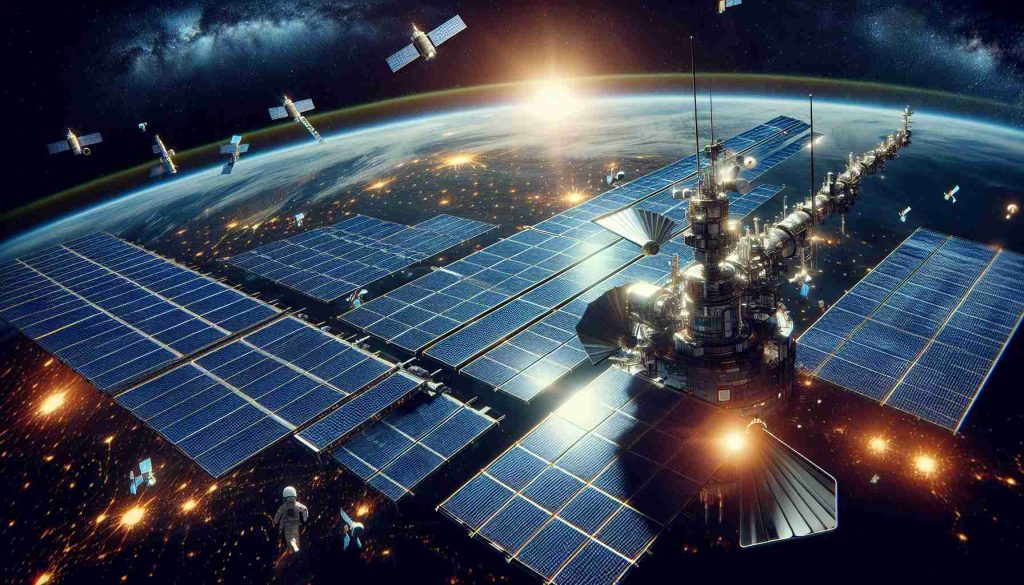 High definition, realistic illustration of the future of space-based energy exemplified. Picture a gigantic solar array positioned in the outer space, harvesting energy from the sun. The solar panels are glinting metallically, reflecting the brilliant solar rays. In the background, there is an awe-inspiring view of the Earth from space. The glow of the earth is illuminating the darkness of space, trailing behind the stretch of solar panels. Many small satellites are dancing around the array, beaming energy back to Earth. Meanwhile, astronauts from different descents and genders are performing routine tasks, symbolizing human cooperation in this effort.