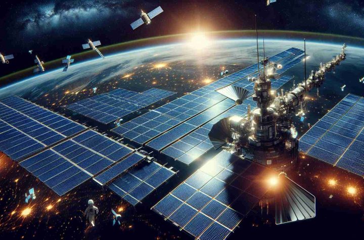 High definition, realistic illustration of the future of space-based energy exemplified. Picture a gigantic solar array positioned in the outer space, harvesting energy from the sun. The solar panels are glinting metallically, reflecting the brilliant solar rays. In the background, there is an awe-inspiring view of the Earth from space. The glow of the earth is illuminating the darkness of space, trailing behind the stretch of solar panels. Many small satellites are dancing around the array, beaming energy back to Earth. Meanwhile, astronauts from different descents and genders are performing routine tasks, symbolizing human cooperation in this effort.