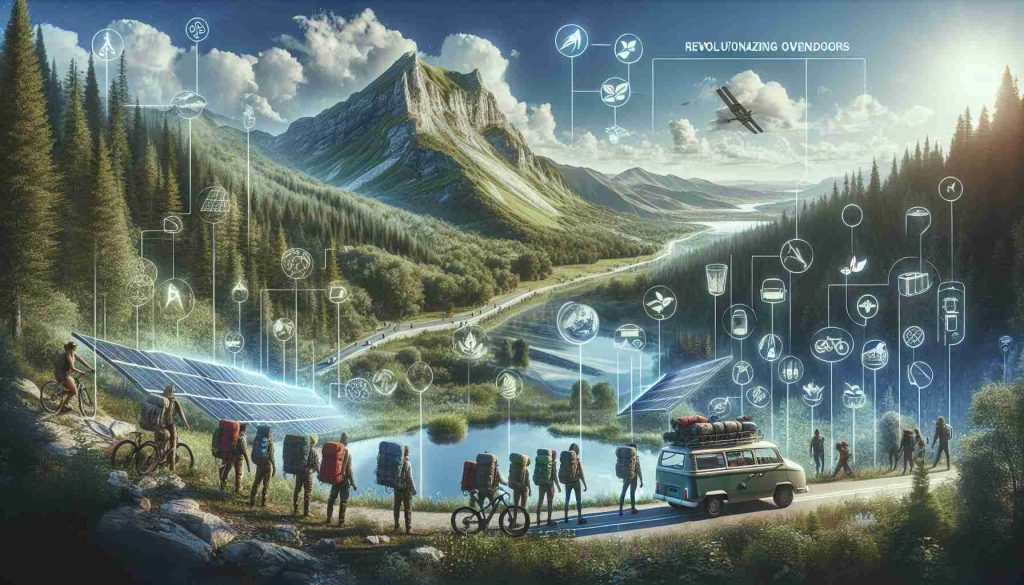 A highly detailed, high-resolution image depicting the concept of revolutionizing the outdoors with an eco-friendly adventure. This should incorporate a scene in a breathtaking, pristine natural landscape - think lush forests or striking mountain ranges. Interspersed within the scene, visual indications of eco-friendly practices. These could include: a group of diverse adventurers using sustainable equipment, such as backpacks made from recycled materials and solar-powered camping gear; an electric van or bike used for transportation; marked trails that minimise disruption to the local environment; reusable food containers for meals; and any signs of 'leave no trace' policies in action.