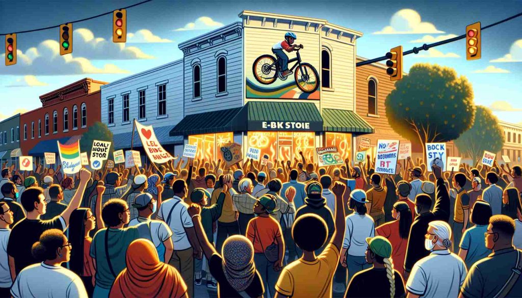 Depict a high-definition, realistic image of a community support rally in favor of a local e-bike store in Richmond, following a destructive incident. Illustrate a diverse mix of people of various descents such as Caucasian, Hispanic, Black, Middle-Eastern, and South Asian, expressing solidarity. The store should show signs of recent damage, but also display a beacon of resilience. Show people carrying banners expressing support and hope for the place. The atmosphere should be heartfelt and uplifting, portraying local unity and resilience in the face of adversity.