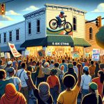 Depict a high-definition, realistic image of a community support rally in favor of a local e-bike store in Richmond, following a destructive incident. Illustrate a diverse mix of people of various descents such as Caucasian, Hispanic, Black, Middle-Eastern, and South Asian, expressing solidarity. The store should show signs of recent damage, but also display a beacon of resilience. Show people carrying banners expressing support and hope for the place. The atmosphere should be heartfelt and uplifting, portraying local unity and resilience in the face of adversity.