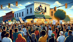 Depict a high-definition, realistic image of a community support rally in favor of a local e-bike store in Richmond, following a destructive incident. Illustrate a diverse mix of people of various descents such as Caucasian, Hispanic, Black, Middle-Eastern, and South Asian, expressing solidarity. The store should show signs of recent damage, but also display a beacon of resilience. Show people carrying banners expressing support and hope for the place. The atmosphere should be heartfelt and uplifting, portraying local unity and resilience in the face of adversity.