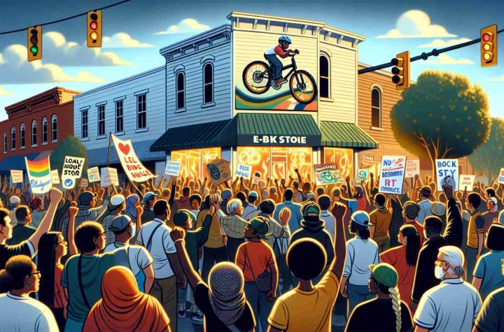 Depict a high-definition, realistic image of a community support rally in favor of a local e-bike store in Richmond, following a destructive incident. Illustrate a diverse mix of people of various descents such as Caucasian, Hispanic, Black, Middle-Eastern, and South Asian, expressing solidarity. The store should show signs of recent damage, but also display a beacon of resilience. Show people carrying banners expressing support and hope for the place. The atmosphere should be heartfelt and uplifting, portraying local unity and resilience in the face of adversity.