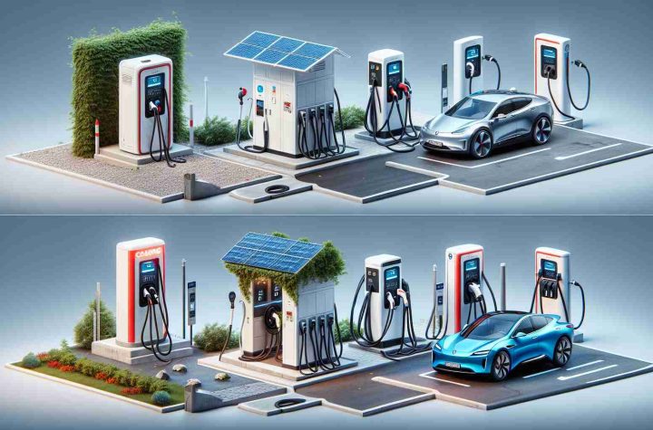 Highly detailed and realistic depiction of the evolution of electric vehicle charging stations. The image may start from the basic models, perhaps with just a single charging port, potentially housed in a simple weather-proof box. Then, the image should move on to showcase the progress over time with stations getting sleeker and more production-friendly. The later stages could show modern multivehicular charging stations, perhaps even with solar-panel roofing. Finally, the image can imagine the yet-to-come charging stations with wireless charging capabilities, integrated with smart city architecture.