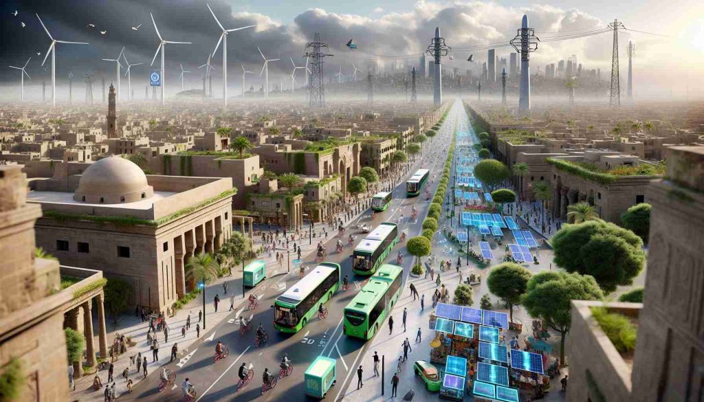 A realistic, high-definition image of the transformation of Egypt's transportation system, with a focus on sustainable solutions. Picture bustling streets with solar-powered buses, cycling lanes filled with commuters, and tree-lined pedestrian-friendly zones. Renewable energy sources like wind turbines and solar panels can been seen being integrated into the cityscape. Imagine electric charging points, standing tall and accessible for public use, and a futuristic light rail traversing the city. Vendor carts are painted in shades of green symbolising eco-friendly operations. The view captures the seamless blend of ancient architecture and high-tech, sustainable urban planning.