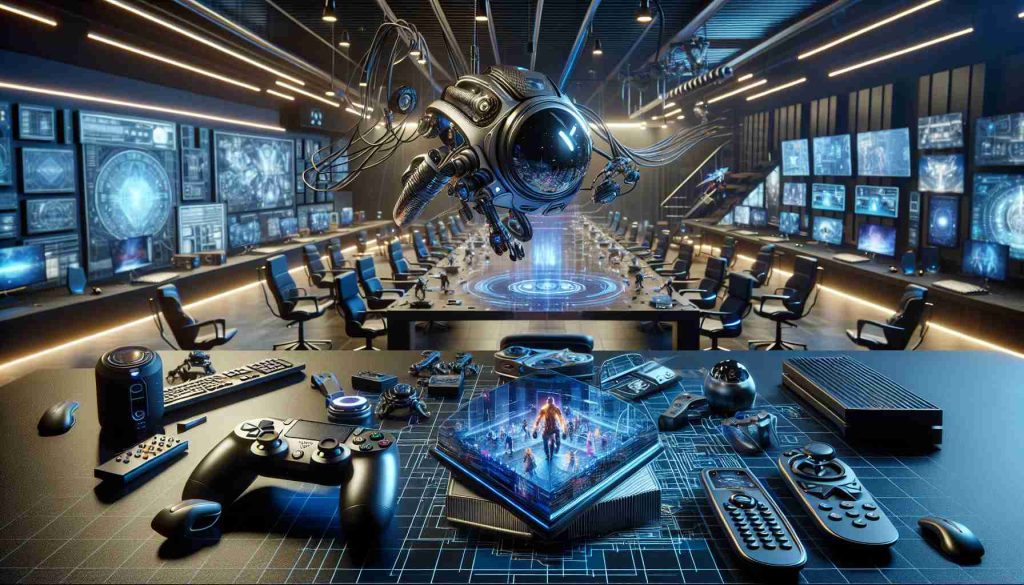 A highly detailed and realistic image showcasing a conceptual design of a cutting-edge gaming venture that could be projected by a leading tech company in the future. The image includes various game development technologies and systems such as advanced virtual reality headsets, motion sensory controllers, gaming consoles with futuristic designs, and high-definition game graphics that exhibit next-level realism and immersiveness. The setting is a tech-oriented, modern environment infused with aesthetic lighting and technology-inspired decor.